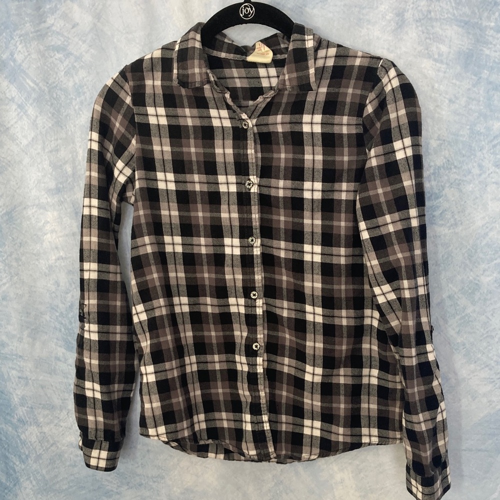 🌺2for$20🌺 Faded Glory Girls Black White & Grey Plaid Button Down Flannel Shirt